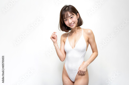 confident Asian woman in a stylish swimsuit bikini flashes a captivating smile towards the camera. generative AI.