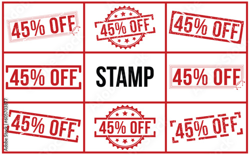 45% off red rubber stamp vector illustration on white background. 45% off rubber stamp set.