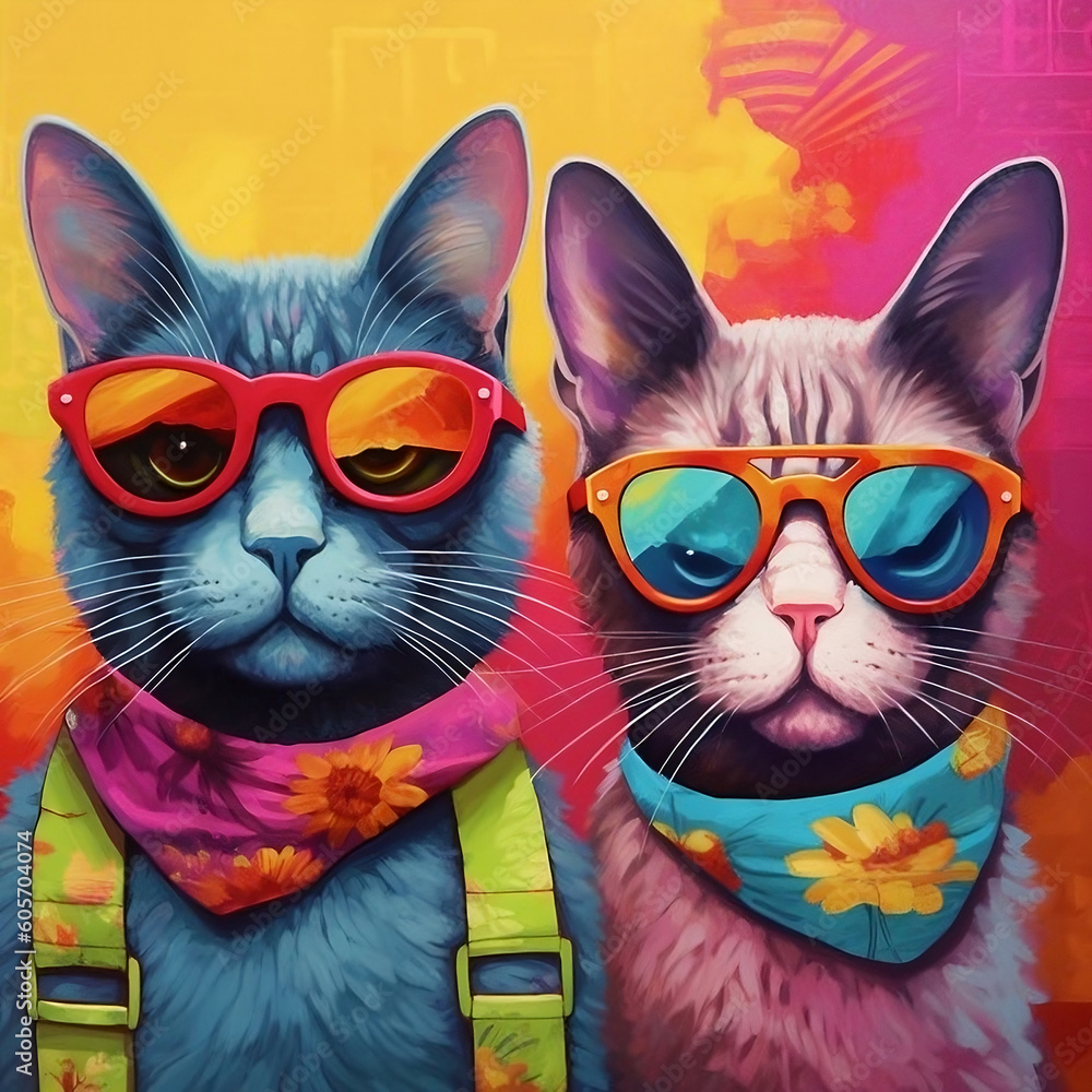 Fototapeta 2 cool cats wearing sunglasses, bright colors.