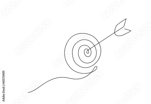 Continuous one line illustration: target arrow success strategy business outline. Goal eye competition icon sport single sketch. Focus concept success challenge archery bullseye. Vector illustration.
