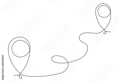 Continuous one line illustration: seamless travel route map with GPS marker. Pin road icon delivery journey marker outline sketch. Business out tourism navigation road marker. Vector illustration.
