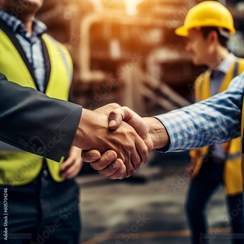 In a symbol of teamwork and cooperation, an architect and engineer construction workers share a firm handshake, marking the successful culmination of an agreement at the office construction site. 