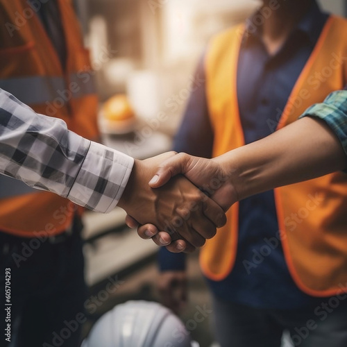 In a symbol of teamwork and cooperation, an architect and engineer construction workers share a firm handshake, marking the successful culmination of an agreement at the office construction site. 