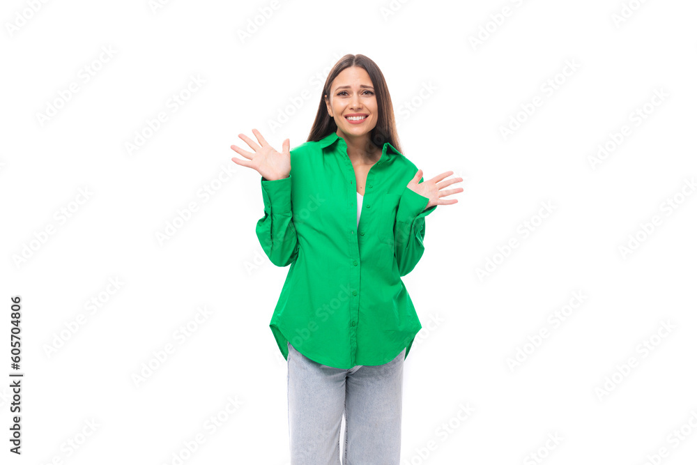 charming young 30 year old european brunette woman model with long hair and brown eyes dressed in casual green shirt charming young 30 year old european brunette woman model with long hair and brown eyes dressed in casual green shirt