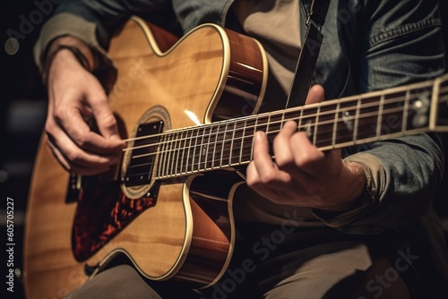 Close up shot of guitarist playing acoustic guitar. Unrecognizable person. Generative AI