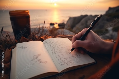 Traveler writing on his journal in front of lake at sunset. Close up shot. Generative AI photo