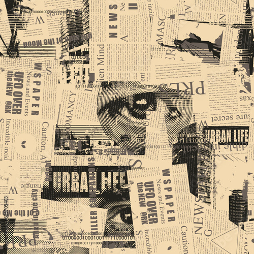 Abstract seamless pattern with newspaper or magazine, human eyes, urban landscapes. Chaotic vector background on theme of city life in retro style. Wallpaper, wrapping paper, fabric design