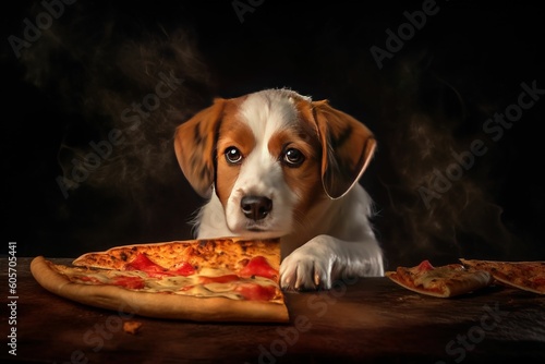 Dog eating pizza on table © kwong