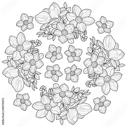 Flowers Mandala.Coloring book antistress for children and adults. Illustration isolated on white background.Zen-tangle style. Hand draw