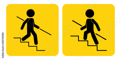 Bundle set isolated printable label sticker rectangle square yellow safety sign of man walking down and climbing up stair or ladder, graphic resource for safety building sign, indoor information label