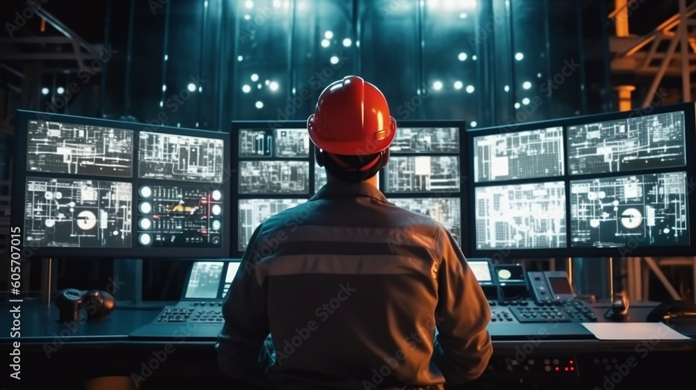 Back view of engineer in safety helmet and uniforms on Big Screen monitor computer working control machine in factory, Generative AI Back view of engineer in safety helmet and uniforms on Big Screen monitor computer working control machine in factory, Generative AI