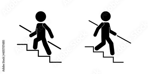 Bundle set isolated outline illustration safety sign of man walking down and climbing up stair or ladder, graphic resource for safety building sign, indoor information label
