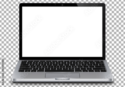 Realistic perspective front laptop mockup with keyboard isolated on background incline 90 degree. Computer notebook template. Blank mock modern computer with keypad backdrop. Digital desktop equipment