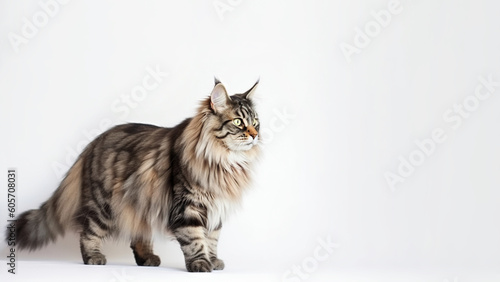 Main coon cat post on white background with copyspace (Generative AI)
