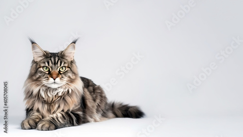 Main coon cat post on white background with copyspace (Generative AI)