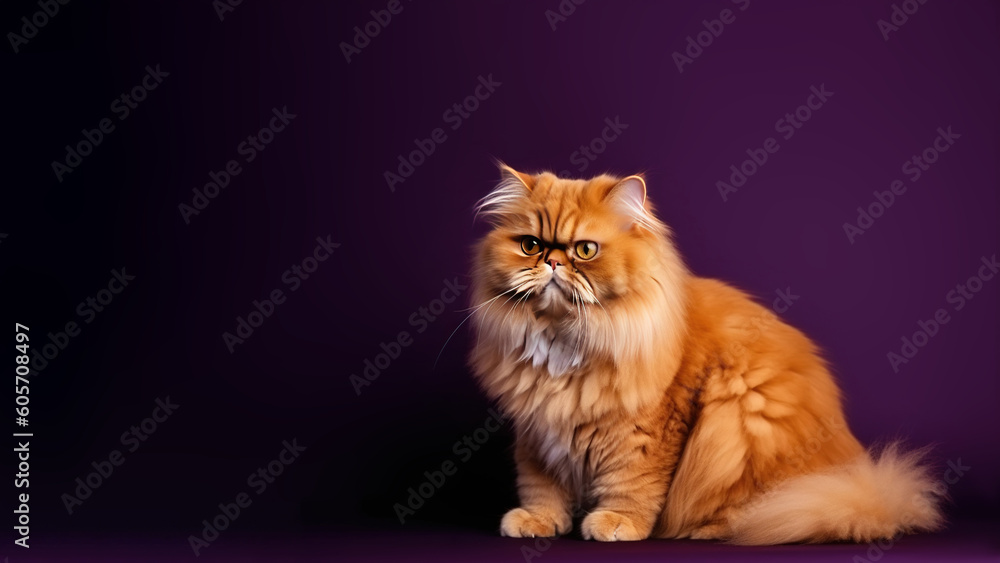 Orange main coon cat post on purple background with copyspace (Generative AI)