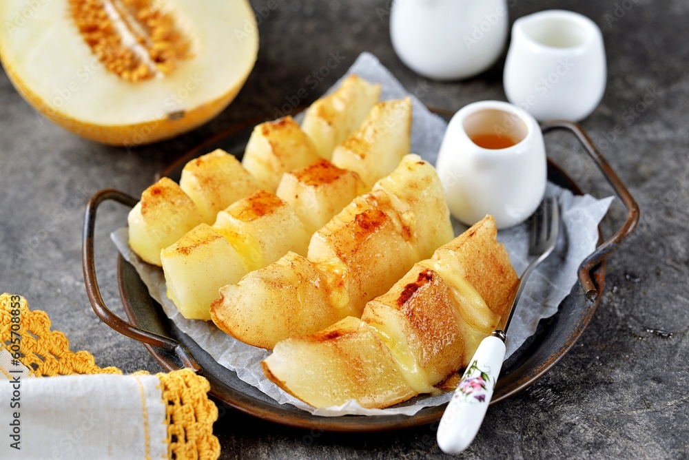 Baked melon with soft cheese and cinnamon Baked melon with soft cheese and cinnamon
