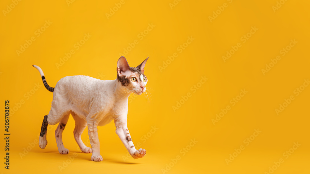 Cornish rex cat post on yellow background with copyspace (Generative AI)