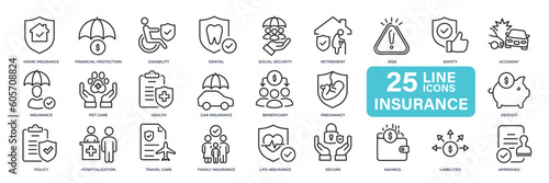 Insurance thin line icons. Editable stroke. For website marketing design, logo, app, template, ui, etc. Vector illustration.