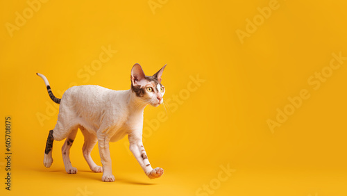 Cornish rex cat post on yellow background with copyspace  Generative AI 