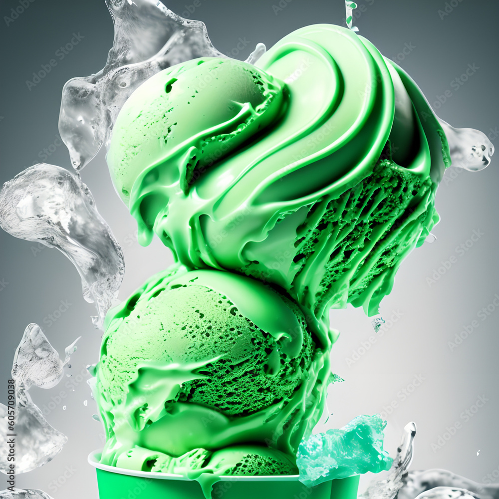 Green woodruff ice cream in a green sundae mug is surrounded by ice ...
