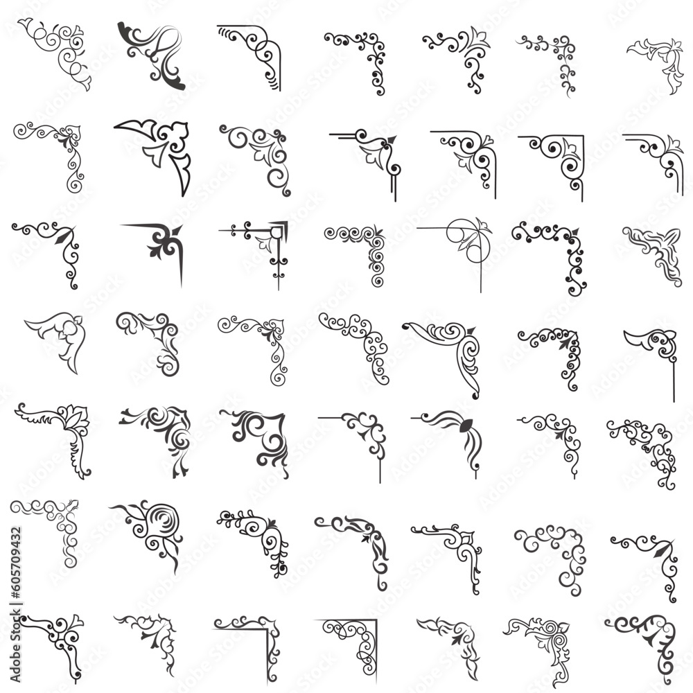 Obraz premium Vector illustration of decorative corner frame set. Set Hand Draw of Corners Different Shapes Flower Decoration Vector Design Doodle Sketch Style For Wedding And Banner