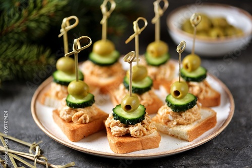 Canapes with cod liver paste and boiled egg, cucumber and olives photo