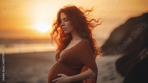A pregnant woman stands on a beach in front of a sunset