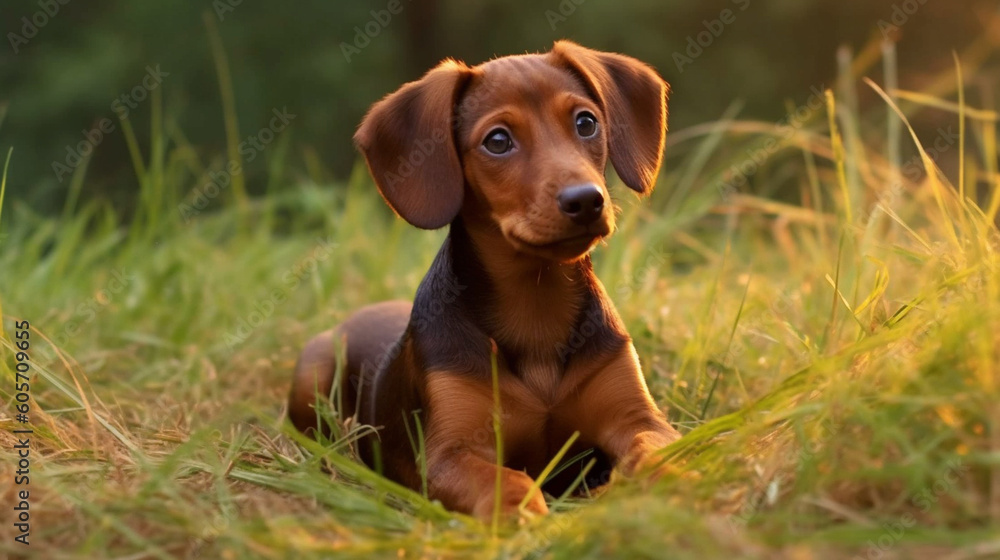 A dachshund puppy laying in the grass