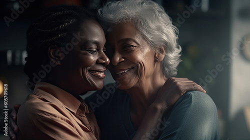Two dark-skinned elderly women with gray hair lovingly embrace in a modern kitchen. Realistic, high-resolution photography capturing genuine moments of lesbian love. © Татьяна Креминская