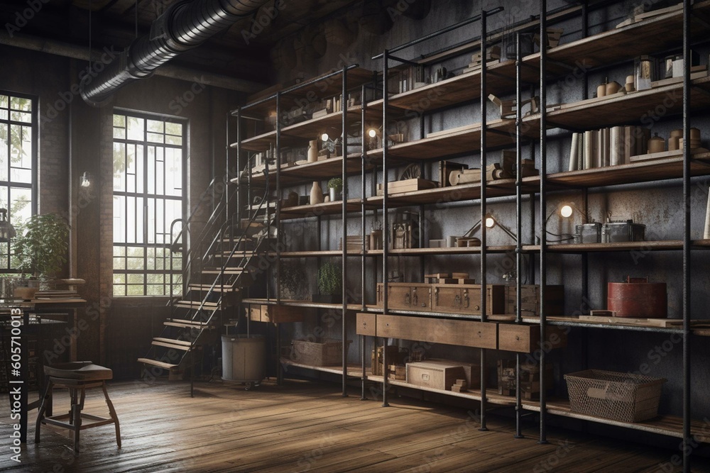 3D rendering of multi-tiered metal shelving, adjustable in industrial building interior. Wooden pallets for storage, furniture in company. Generative AI