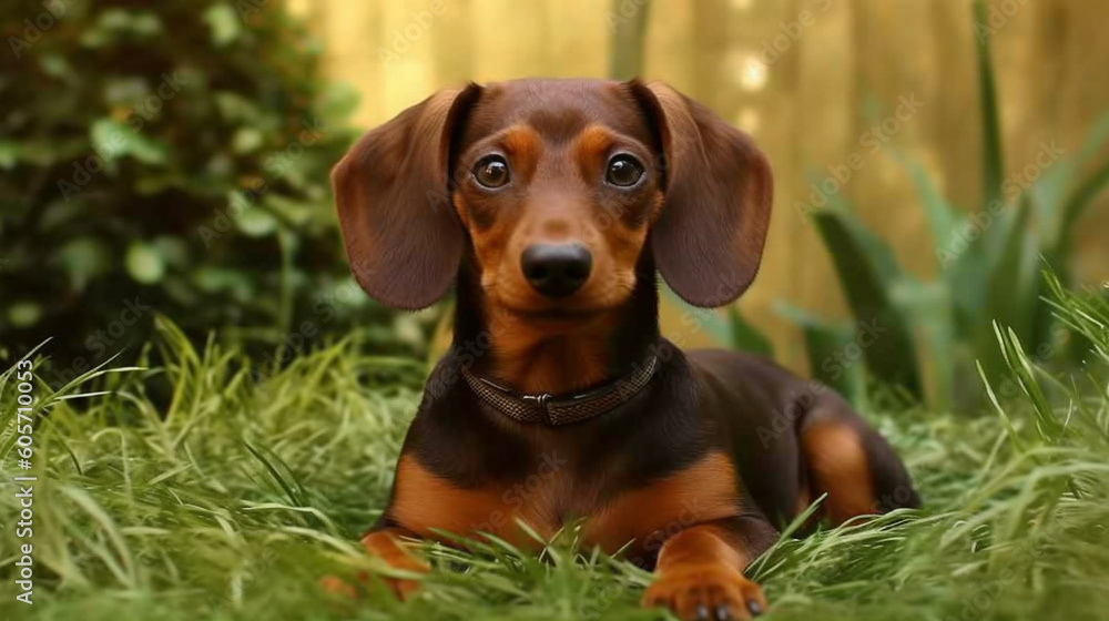 A dachshund puppy laying in the grass A dachshund puppy laying in the grass