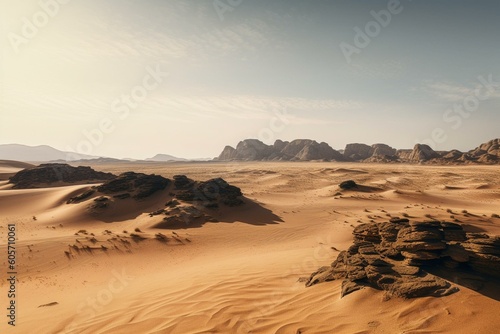 A panoramic view featuring a desert landscape. Generative AI