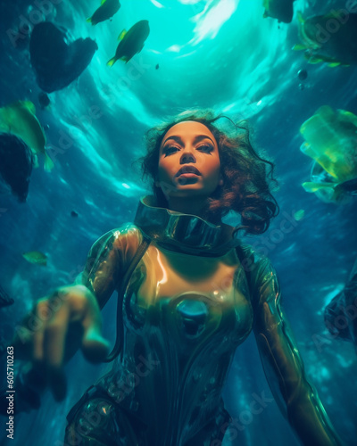 Generative ai illustration fantastic young woman scuba diving underwater