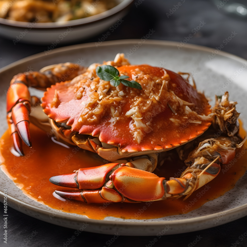 dish of boiled crab in tomato sauce on a white plate ,generative ai dish of boiled crab in tomato sauce on a white plate ,generative ai