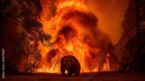 Brown bear running from forest fire.