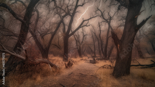 Thunderstorm lightning strike in dry forest. © Gabi