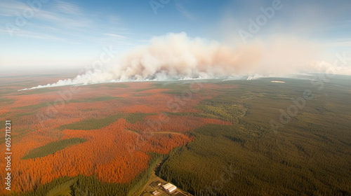 Aerial view of forest fire in the distance.