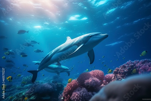 Dolphins swimming in the undersea, Beautiful Underwater and colorful coral in the wild nature of the Pacific Ocean, Generate Ai © MdImam