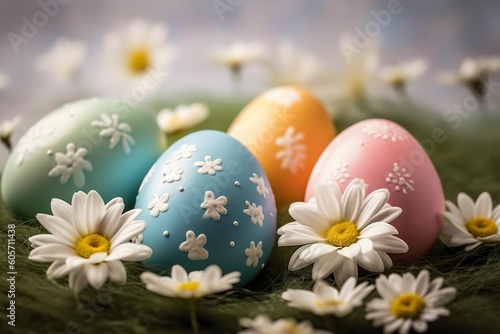 happy easter eggs with flower decoration , Generative Ai