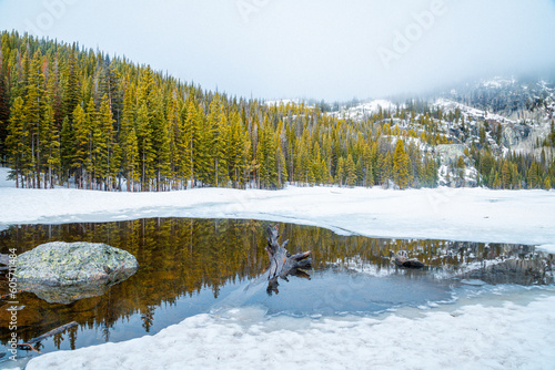 Snowscape in the Colorado Rockies with a lake reflection