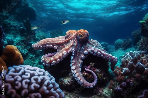 Octopus swimming undersea, Beautiful Underwater, and colorful coral in the wild nature of the Pacific Ocean, Generate Ai.