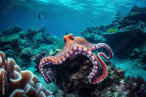 Octopus swimming undersea, Beautiful Underwater, and colorful coral in the wild nature of the Pacific Ocean, Generate Ai.