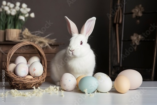 White rabbit with Easter eggs for Easter Day. © MdImam