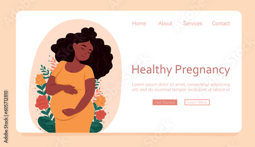 Web page template concept of pregnancy and motherhood. Healthy pregnancy banner. Beautiful pregnant black woman hugs her belly. Vector illustration in cute cartoon style.