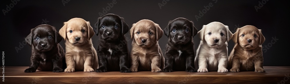 Seven Puppies Posed Side by Side made with Ai generative technology