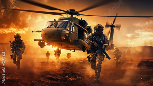 military helicopter transports soldiers. Generative AI photo
