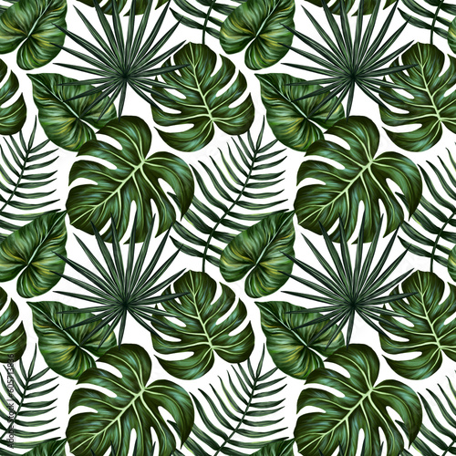 Tropical leaf seamless pattern. Colorful vivid print with beautiful palm jungle leaves. Repeated luxury design for packaging  cosmetic  fashion  textile  wallpaper. Realistic high quality illustration