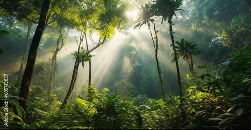 Sun rays through the fog in the rainforest of the jungle.Climate solutions carbon credit concept. Concept of carbon trading market.