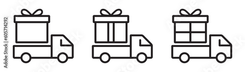 Truck delivery with gift box icon. Truck shop delivery icon, vector illustration